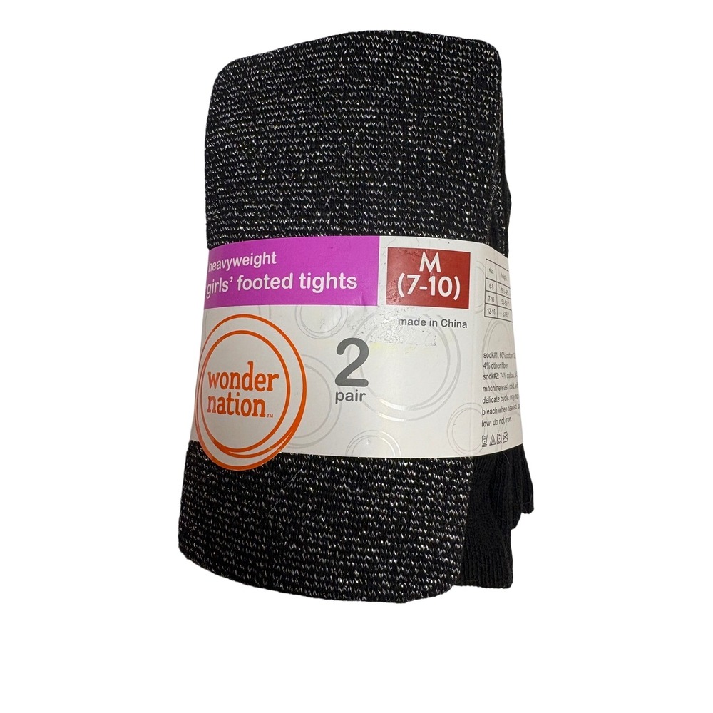 Wonder Nation Girls Heavyweight Footed Tights 2 Pack Black Silver Size M‎ 7-10